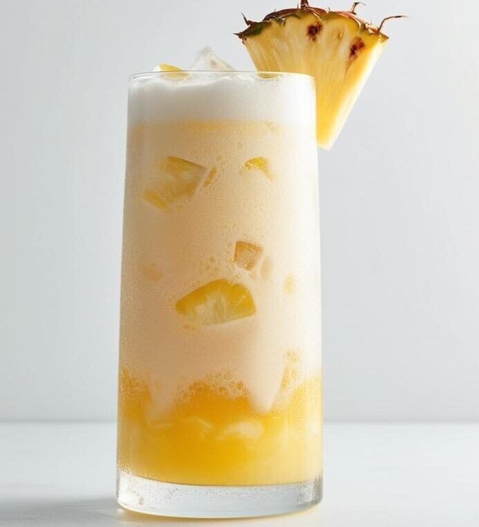 Glas mit Malibu-Pineapple-Getränk mit Ananas als Garnitur.